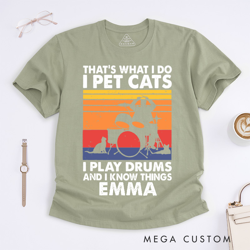Personalized Cat Lover Drummer Classic T-Shirts Custom Name Pet Cats Play Drums Gift for Men Women Musician Band Tee for Cat Owners Music Lovers