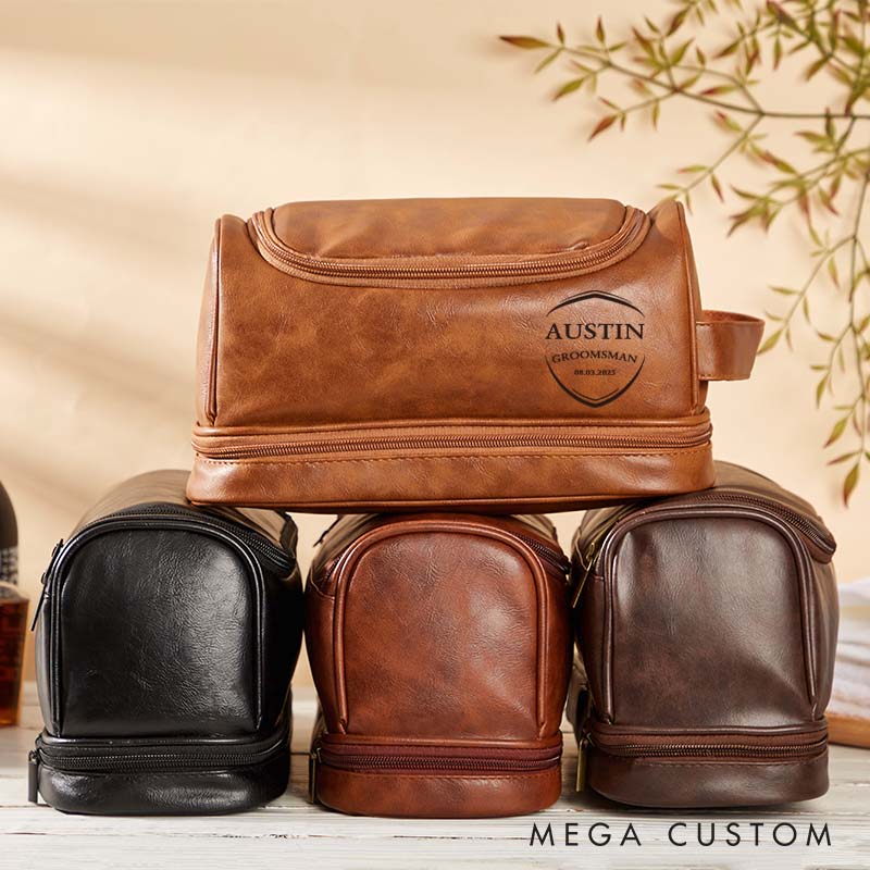 Personalized Leather Toiletry Bag for Groomsmen Men’s Wedding Party Shaving Kit Groom Shield Design Travel Bag Bachelor Favors Bag for Him