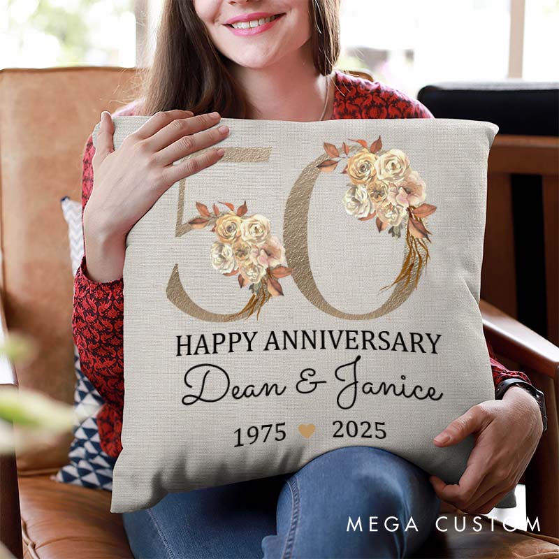 Personalized 50th Anniversary Pillow Couple Golden Wedding Anniversary Pillow Floral Design Couple 50 Years Anniversary Gift for Husband Wife