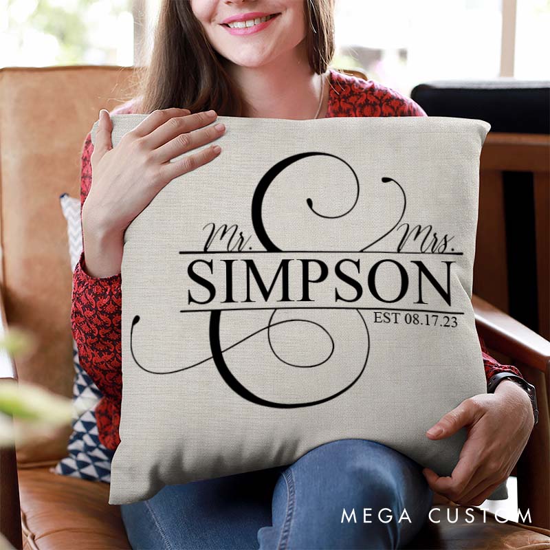 Personalized Mr and Mrs Couple Name Pillow Elegant Wedding Anniversary Gift Pillow with Last Name Husband Wife Anniversary Gift Pillow