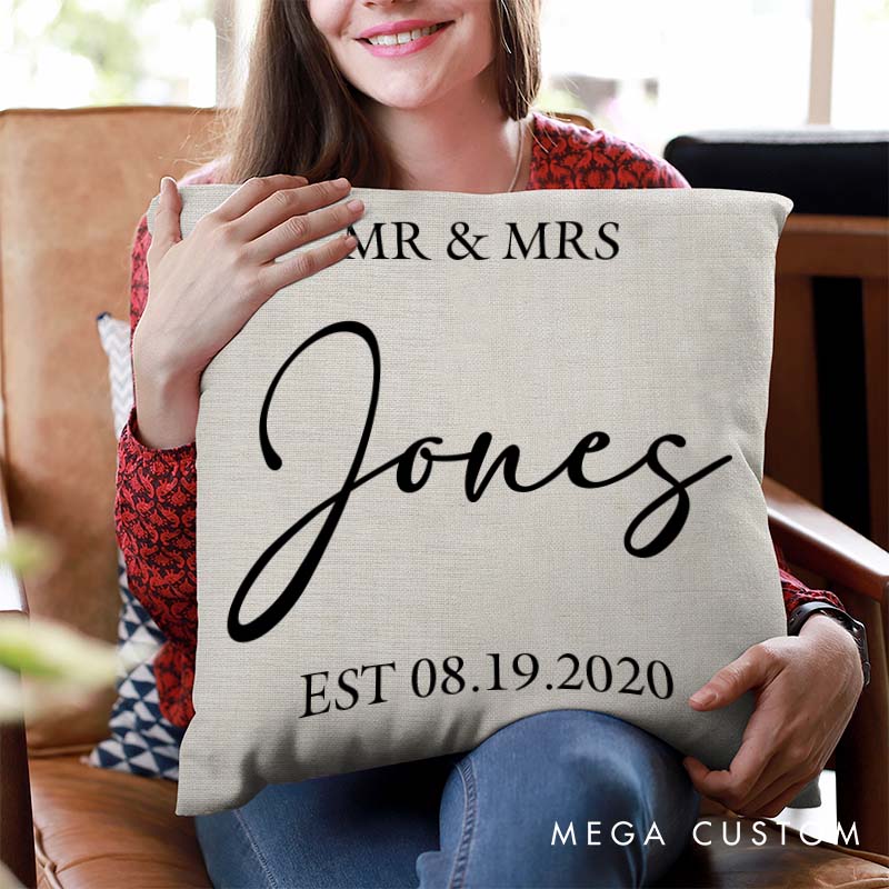 Personalized Mr and Mrs Anniversary Pillow Couple Wedding Anniversary Gift Custom Minimalist Couple Pillow With Name and Established Date
