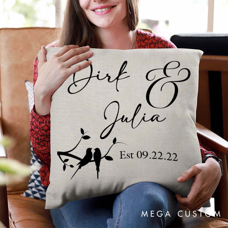 Personalized Love Birds Couple Pillow Custom Wedding Anniversary Gift Pillow for Couple Home Decor Pillow With Name and Date