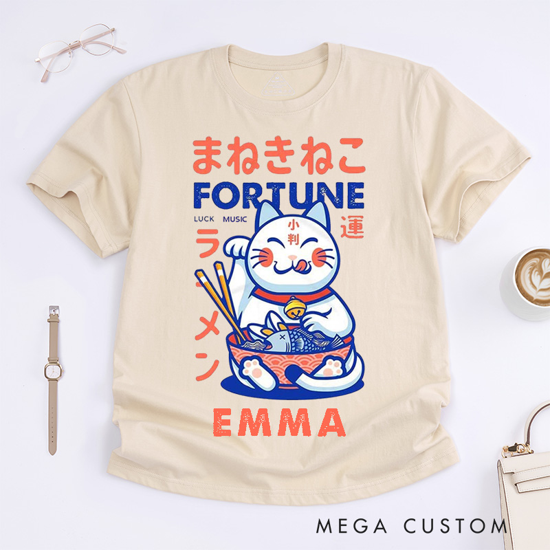 Personalized Fortune Cat Ramen Classic T-Shirts Lucky Music Maneki Neko Japanese Style Custom Name Gift for Men Women Unisex Unique Good Luck Present