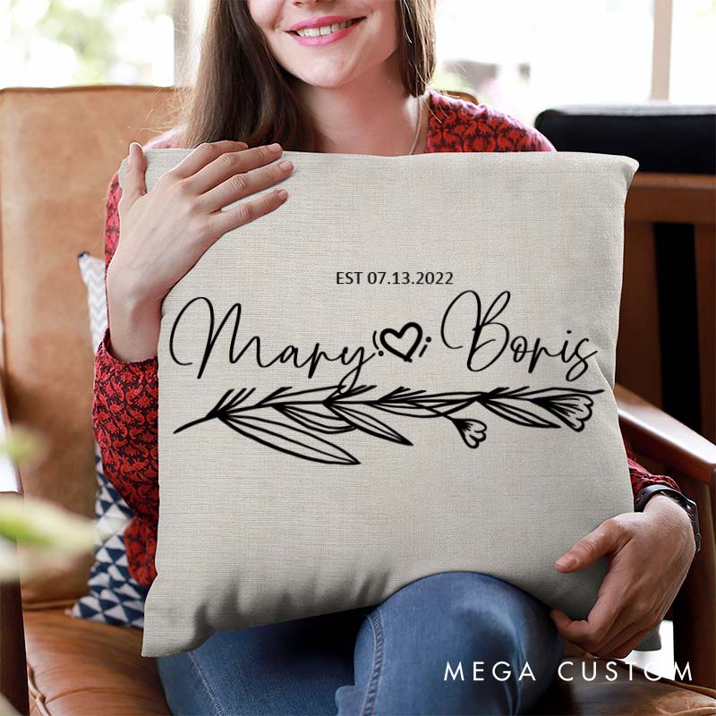 Personalized Couple Anniversary Pillow Wife Husband Wedding Anniversary Pillow Romantic Floral Branch Design Pillow with Name and Date