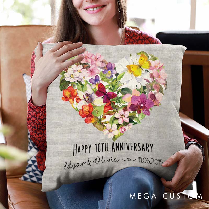 Personalized Floral Heart Anniversary Pillow Couple Wedding Anniversary with Name and Date Romantic Floral Heart Pillow for Him Her