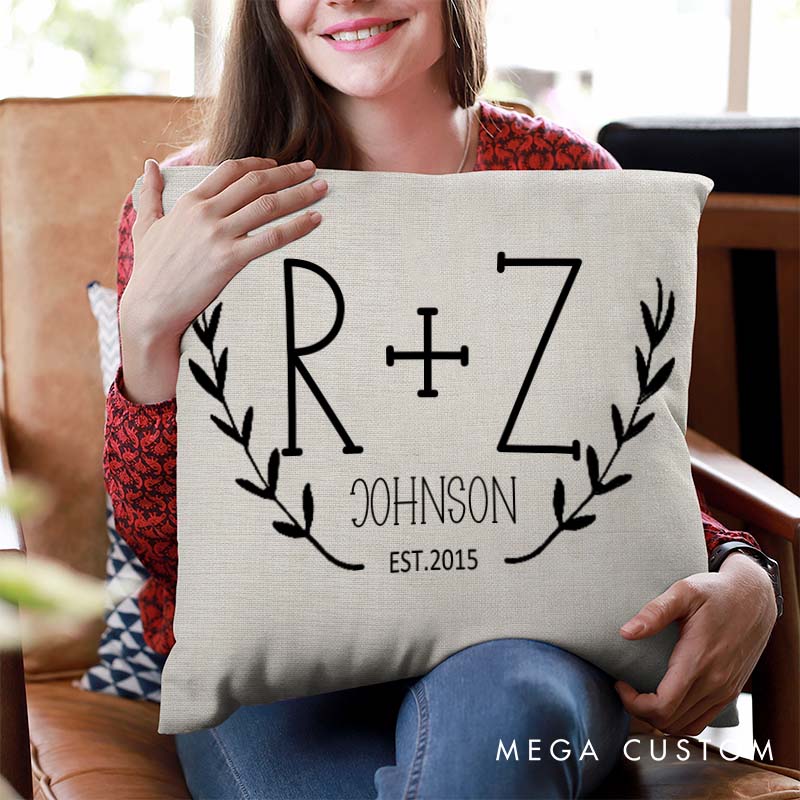 Personalized Couple Initials Pillow Custom Husband Wife Wedding Anniversary Gift Pillow Rustic Laurel Design Anniversary Pillow for Couple