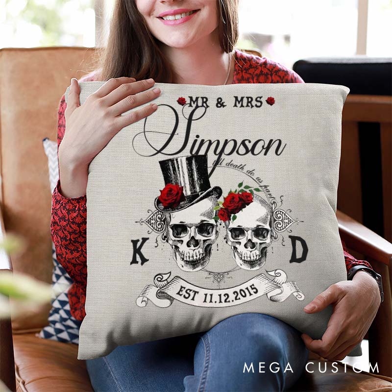Personalized Gothic Couple Anniversary Pillow Woman Man Wedding Anniversary Pillow Skull Couple Design Pillow with Name and Established Date