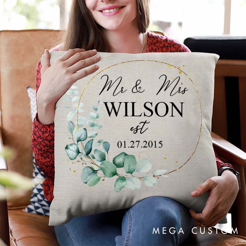 Personalized Mr. and Mrs. Anniversary Pillow Couple Wedding Anniversary Pillow Elegant Greenery Wreath Design Pillow with Name and Date