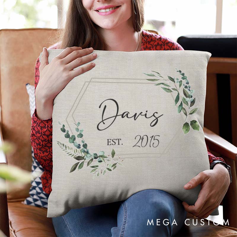 Personalized Couple Anniversary Named Pillow Elegant Greenery Design Pillow with Established Date Husband Wife Anniversary Gift Pillow