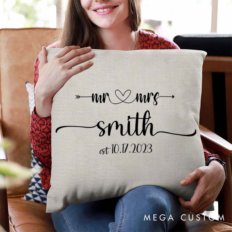 Personalized Mr. and Mrs. Pillow Couple Anniversary Pillow for Husband Wife Elegant Arrow and Heart Design Pillow with Last Name and Date