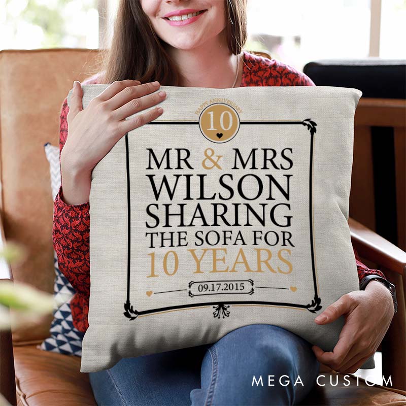 Personalized Couple Anniversary Pillow Funny "SHARING THE SOFA" Design Pillow with Name Date Couple Wedding Anniversary Pillow for Husband Wife