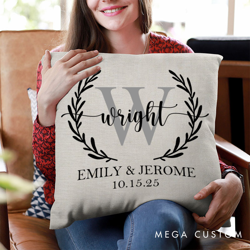 Personalized Couple Elegant Wreath Pillow with Initials Couple Name Valentine's Day Pillow Mr. and Mrs. Pillow Husband Wife Gift for Him Her