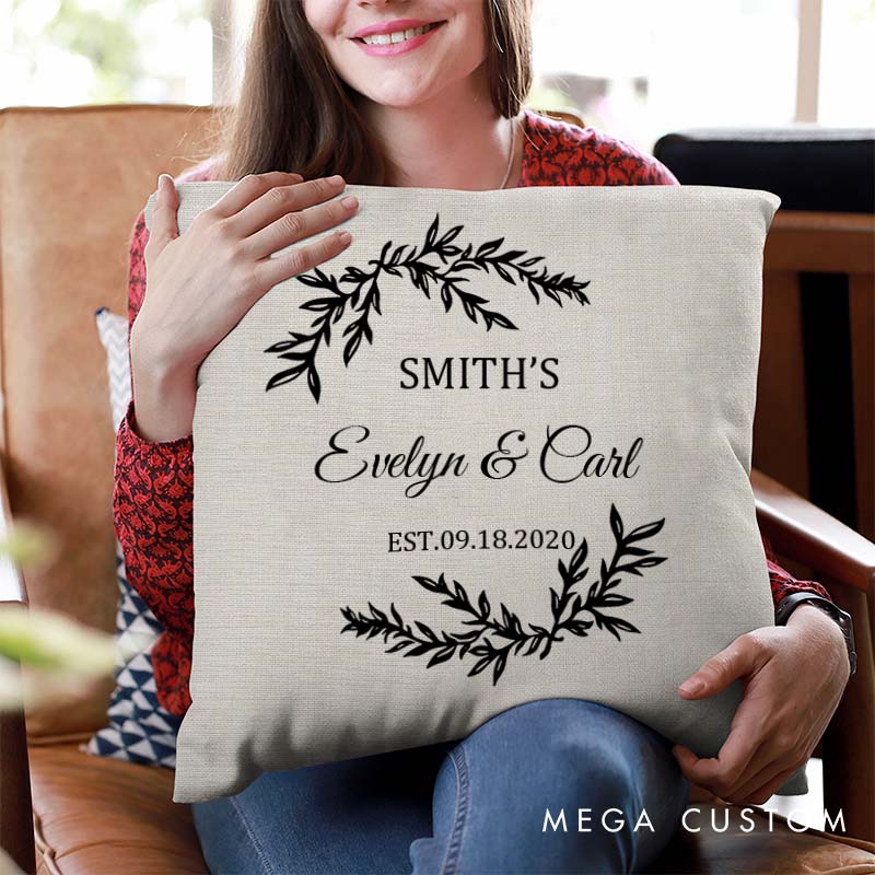 Personalized Couple Wedding Anniversary Pillow Husband Wife Cotton Anniversary Pillow Elegant Wreath Design Pillow with Names and Date