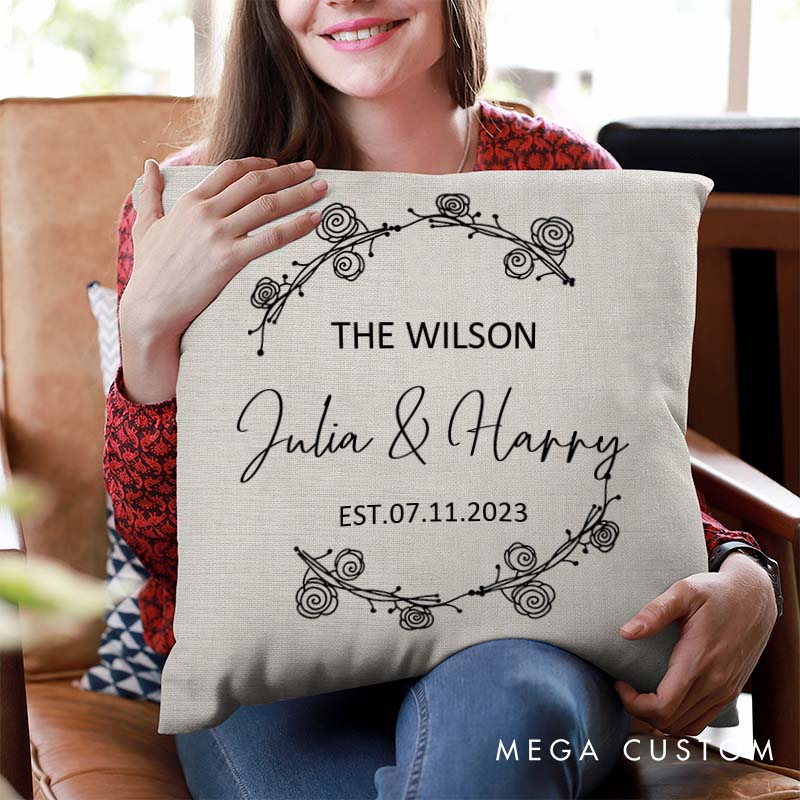 Personalized Couple Wedding Anniversary Pillow Rose Wreath Design Pillow with Names and Year Husband Wife Anniversary Gift