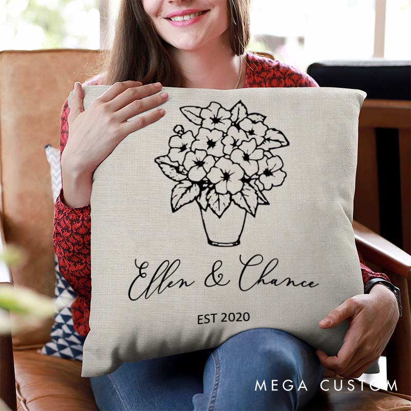 Personalized Floral Couples Pillow Couple Wedding Anniversary Gift Pillow for Her Him Elegant Design Pillow with Names and Established Date