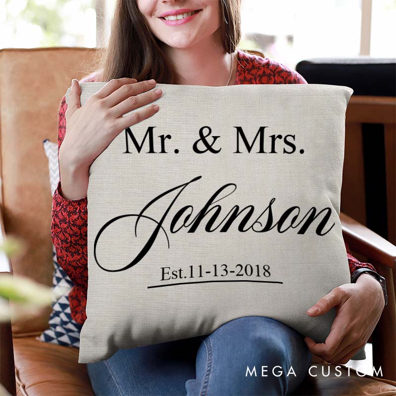 Personalized Mr. and Mrs. Anniversary Pillow Couple Wedding Anniversary Pillow Minimalist Design Pillow with Couple Name and Established Year
