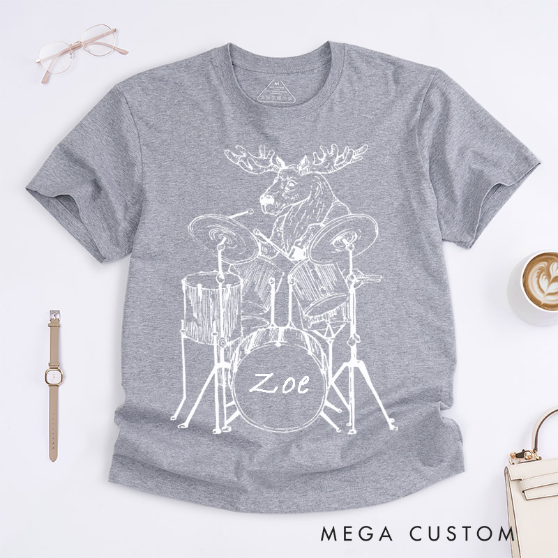 Personalized Moose Drummer Classic T-Shirts Unique Animal Band Music Lover Gift Custom Name Unisex Perfect for Musicians and Wildlife Fans Birthday