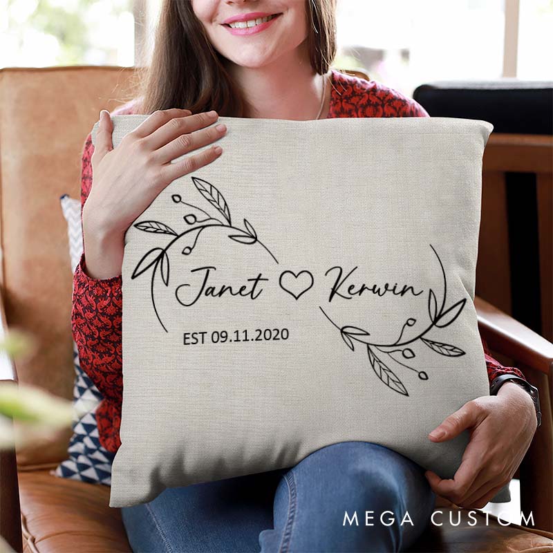 Personalized Couple Timeless Love Anniversary Pillow Leaf Infinity Design Pillow with Names and Date Husband Wife Anniversary Gift Pillow