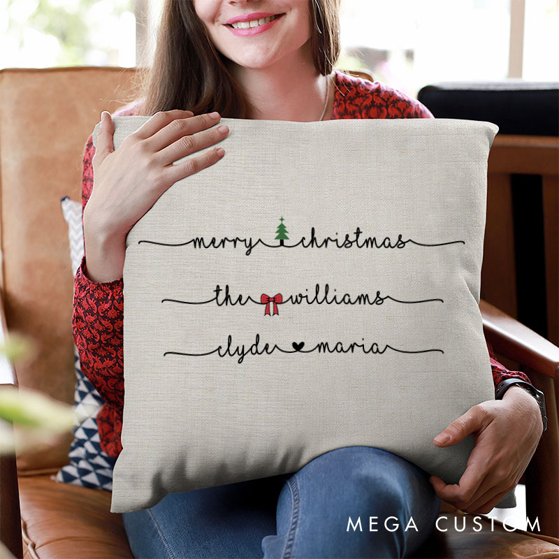 Personalized Couple Merry Christmas Pillow Custom Couple Xmas Tree and Bow Pillow with Name Boyfriend Girlfriend Gift Husband Wife Pillow for Him Her