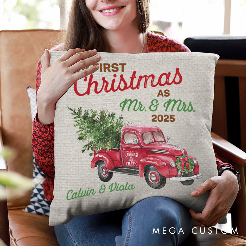 Personalized Couple Our First Christmas as Mr. and Mrs. Pillow Newlyweds Name Pillow Xmas Truck with Tree Pillow Husband Wife Pillow for Him Her