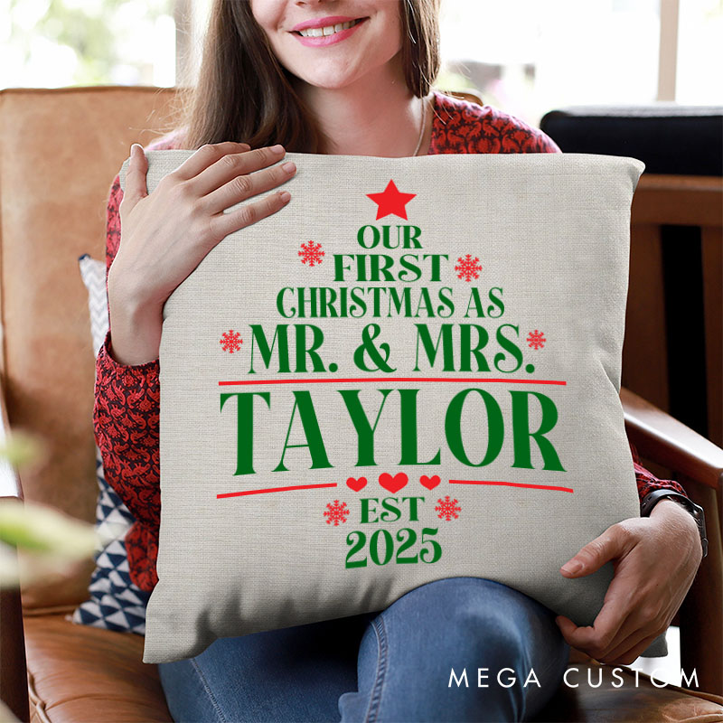 Personalized Couple Our First Christmas as Mr. and Mrs. Pillow Newlyweds Name Pillow Xmas Tree Pillow 2025 Husband Wife Pillow for Him Her