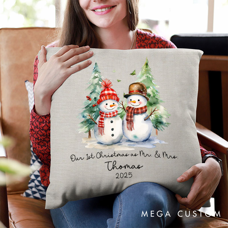 Personalized Couple Our First Christmas as Mr. and Mrs. Pillow Newlyweds Name Pillow Xmas Snowman and Tree Pillow 2025 Husband Wife Pillow for Him Her