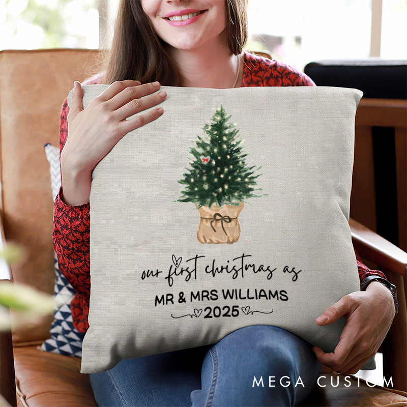 Personalized Couple Our First Christmas as Mr. and Mrs. Pillow Newlyweds Name Pillow Xmas Tree and Heart Pillow 2025 Husband Wife Pillow for Him Her