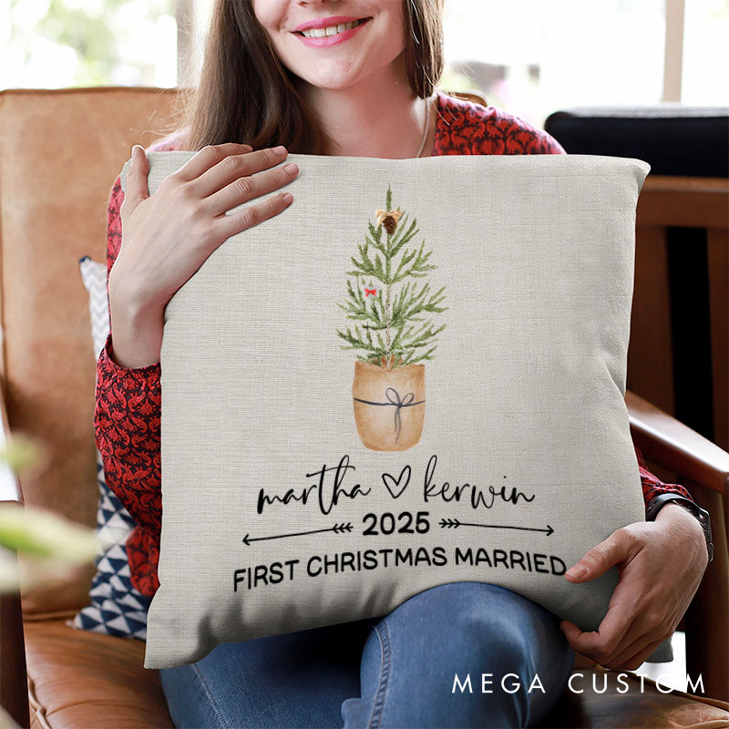 Personalized Couple First Christmas Married Pillow Newlyweds Name Pillow Xmas Tree and Heart Pillow 2025 Hubby Wifey Husband Wife Pillow for Him Her