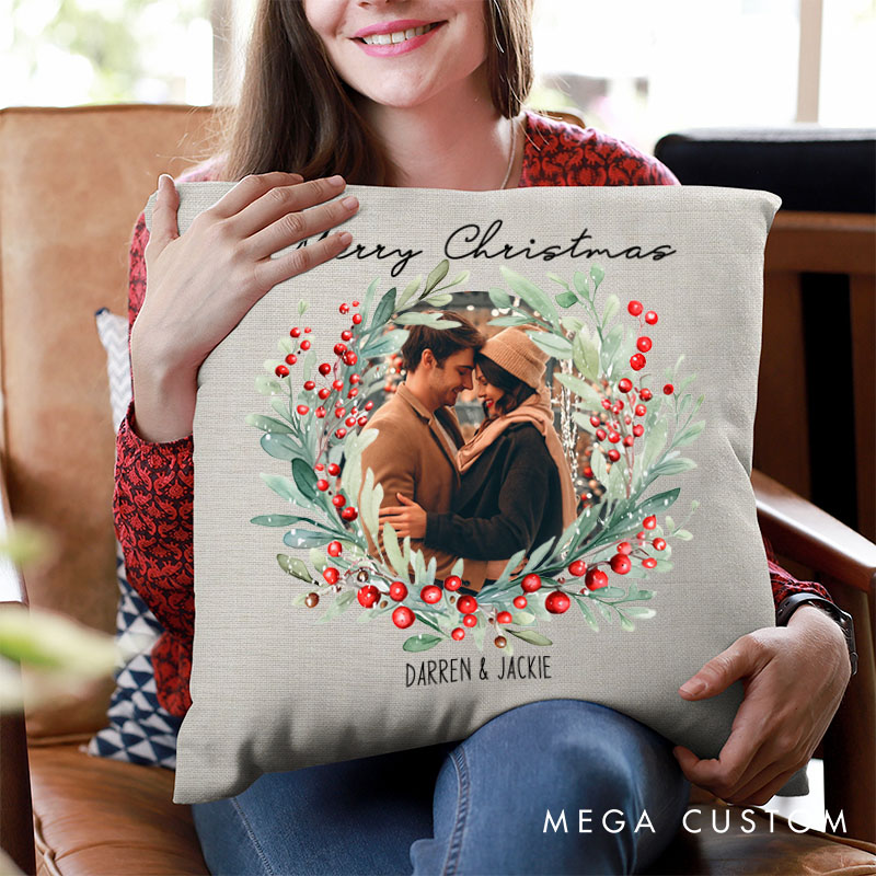 Personalized Couple Merry Christmas Wreath Pillow with Photo Custom Name Pillow Boyfriend Girlfriend Xmas Pillow Husband Wife Pillow for Him Her