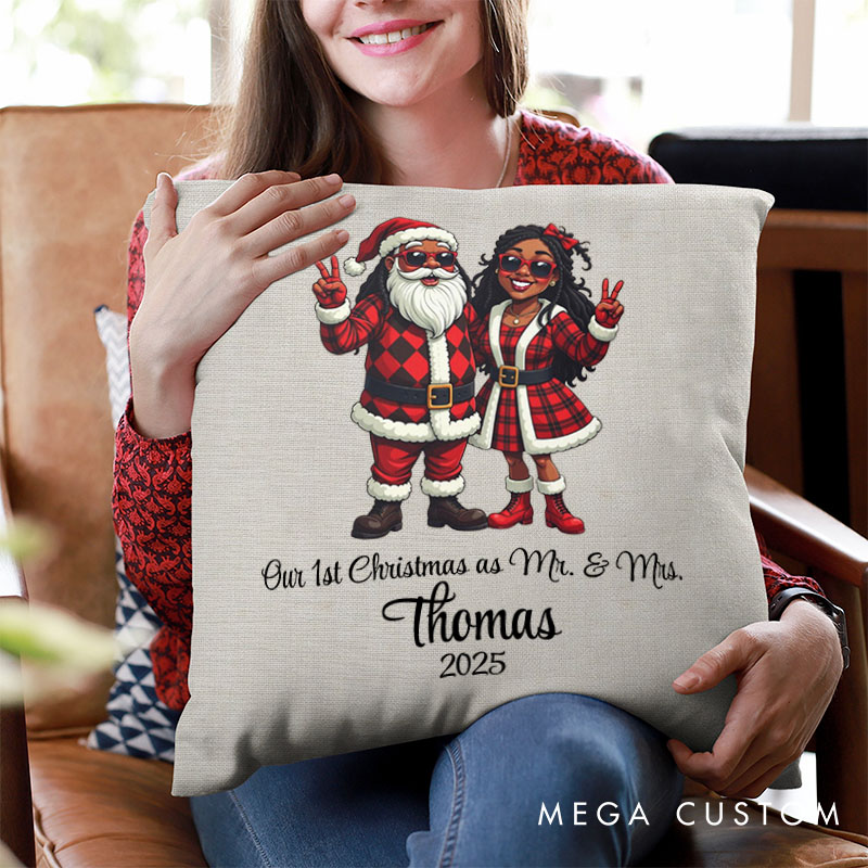 Personalized Santa Couple Our First Christmas as Mr. and Mrs. Pillow Newlyweds Name Pillow Xmas Pillow Hubby Wifey Husband Wife Pillow for Him Her