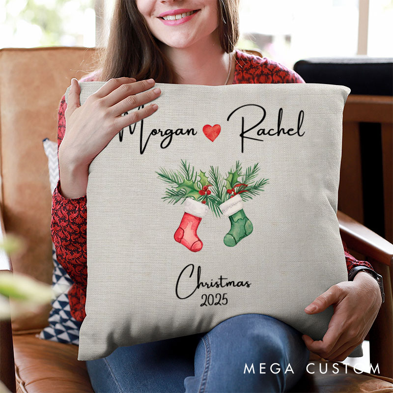 Personalized Couple Christmas Stocking Pillow Custom Couple Name with Heart Pillow Xmas Pillow Boyfriend Girlfriend Husband Wife Pillow for Him Her