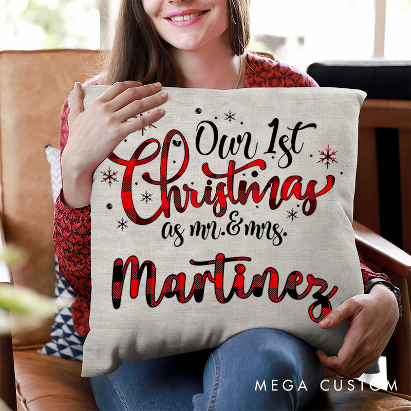 Personalized Couple Red Plaid Our First Christmas as Mr. and Mrs. Pillow Newlyweds Name Pillow Xmas Pillow Hubby Wifey Husband Wife Pillow for Him Her