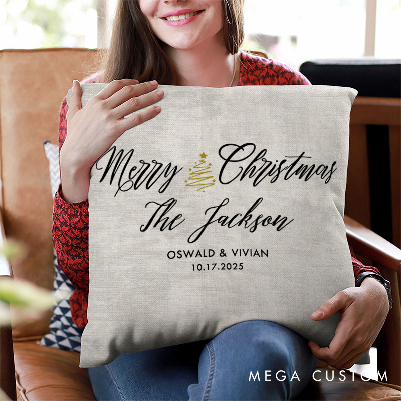 Personalized Couple Merry Christmas with Xmas Tree Pillow Newlyweds Name Pillow Xmas Pillow Hubby Wifey Husband Wife Pillow for Him Her
