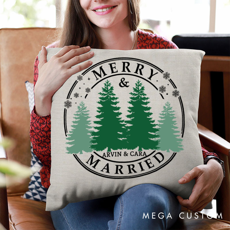 Personalized Couple Merry and Married Christmas Pillow Custom Newlyweds Name Pillow Xmas Tree Pillow Hubby Wifey Gift Husband Wife Pillow for Him Her