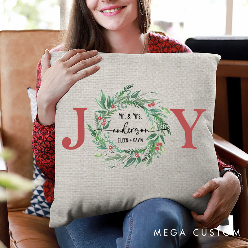 Personalized Couple JOY with Wreath Christmas Pillow Custom Newlyweds Name Pillow Mr. and Mrs. Xmas Pillow Hubby Wifey Husband Wife Pillow for Him Her