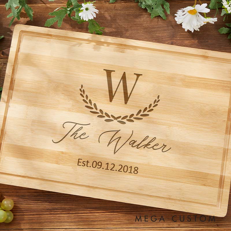 Personalized Couple Bamboo Cutting Board Custom Anniversary Laurel Wreath Design Cutting Board Husband Wife Anniversary Gift Cutting Board