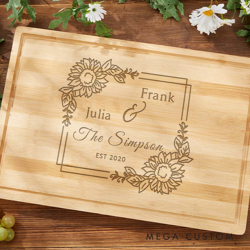 Personalized Couple Cutting Board Engraved Bamboo Floral Square Frame Design Cutting Board with Couple Name Wedding Anniversary Gift Board