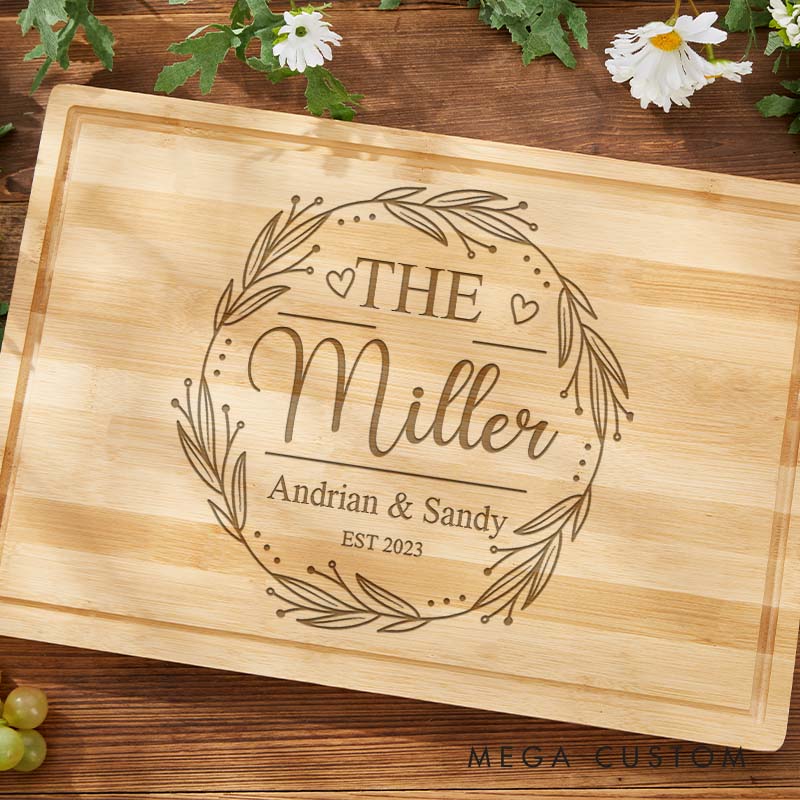 Personalized Anniversary Cutting Board Engraved Bamboo Cutting Board for Husband Wife Rustic Wreath Design Cutting Board for Him Her
