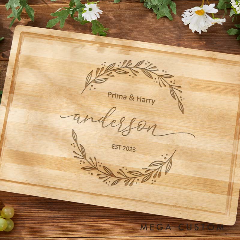 Personalized Couple Anniversary Cutting Board Engraved Bamboo Cutting Board for Husband Wife Anniversary Elegant Leaf Wreath Design Cutting Board