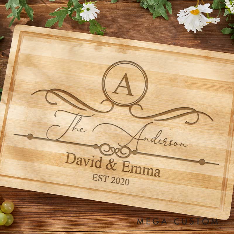 Personalized Bamboo Couple Anniversary Cutting Board Husband Wife Wedding Anniversary Cutting Board Vintage Monogram Design Cutting Board