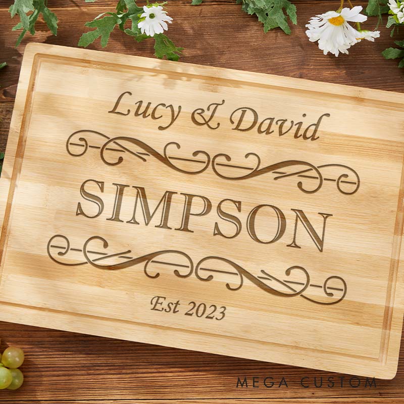 Personalized Couple Anniversary Cutting Board Wedding Anniversary Bamboo Cutting Board Elegant Scroll Design Cutting Board