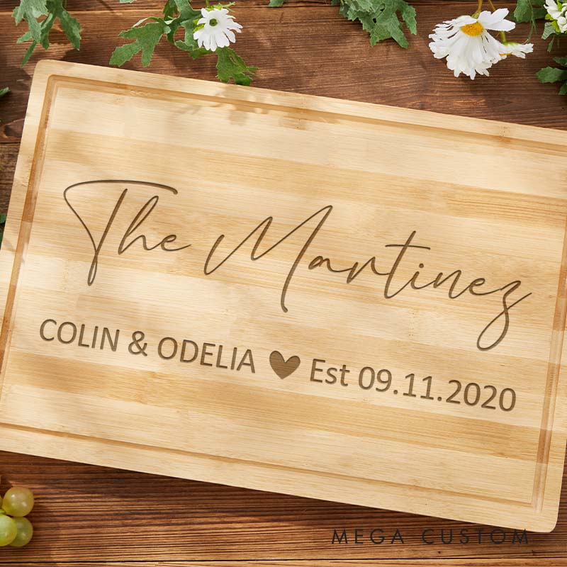 Personalized Couple Anniversary Cutting Board Engraved Husband Wife Bamboo Cutting Board Elegant Couple Name Cutting Board with Heart