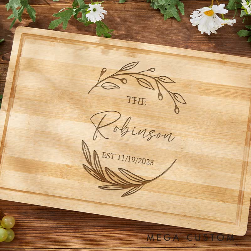 Personalized Anniversary Cutting Board Rustic Bamboo Cutting Board for Husband Wife Leaf Wreath Design Anniversary Cutting Board