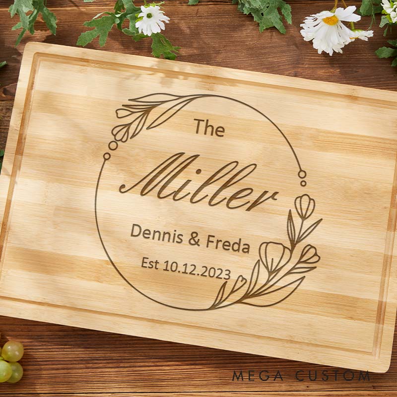 Personalized Couple Anniversary Cutting Board Husband Wife Wooden Anniversary Cutting Board Bamboo Floral Circle Design Cutting Board