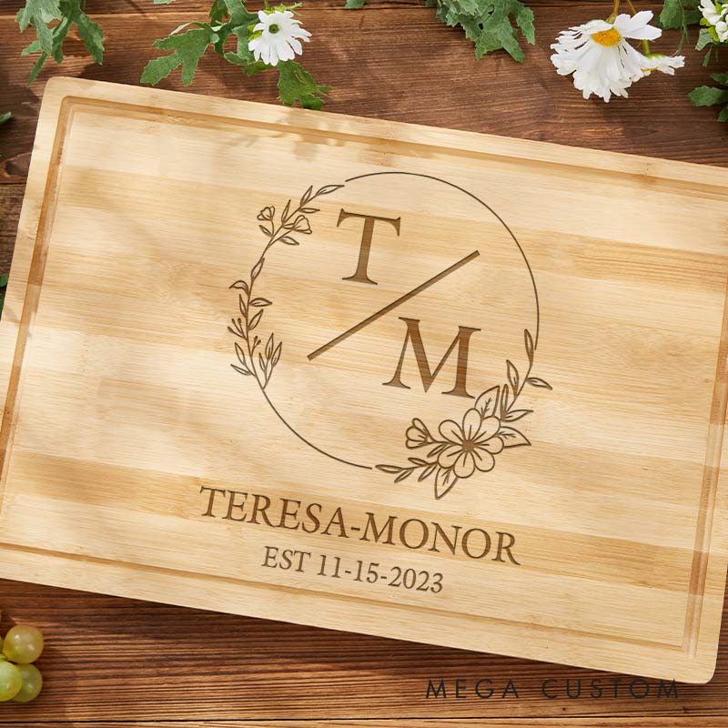 Personalized Couple 5th Anniversary Cutting Board Wooden Anniversary Bamboo Cutting Board Husband Wife Floral Monogram Design Cutting Board