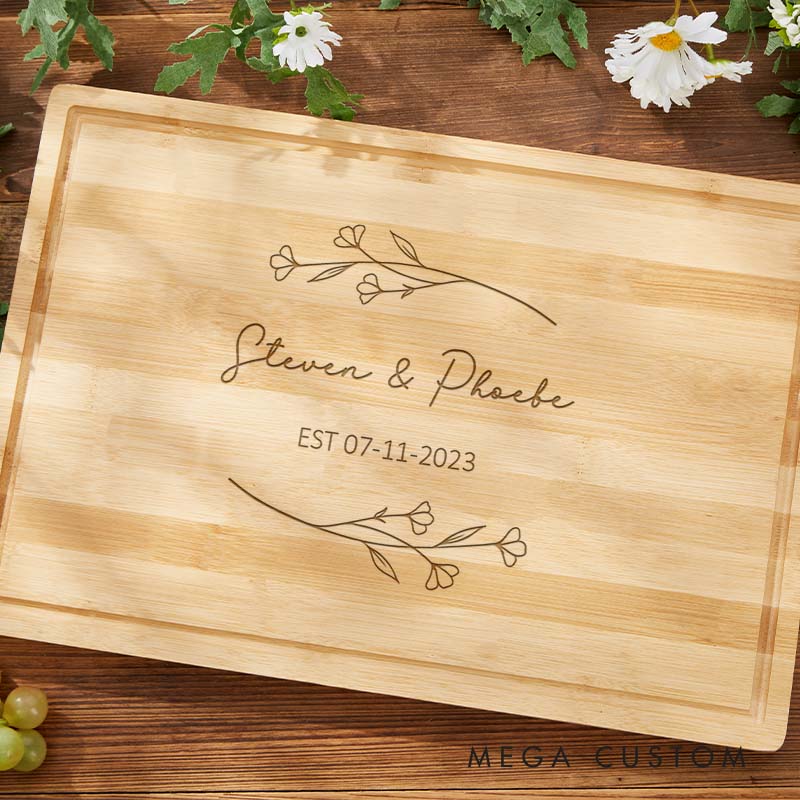 Personalized Couple Wooden Anniversary Cutting Board Husband Wife Wedding Anniversary Bamboo Cutting Board Minimalist Floral Design Cutting Board