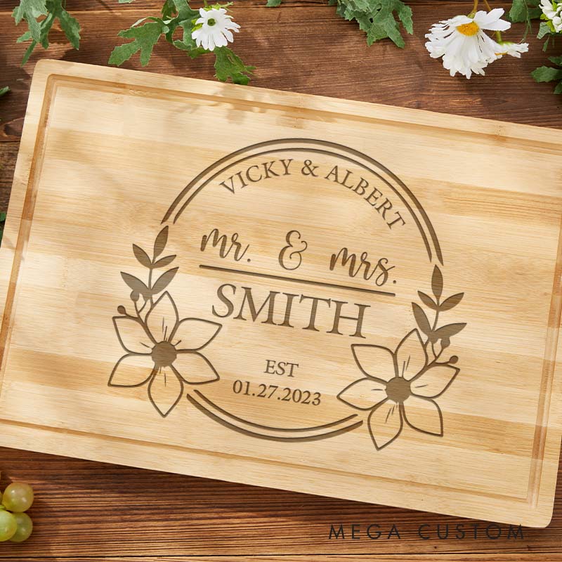 Personalized Floral Mr. and Mrs. Couple Bamboo Cutting Board Husband Wife Wooden Anniversary Cutting Board Couple Anniversary Gift for Her Him