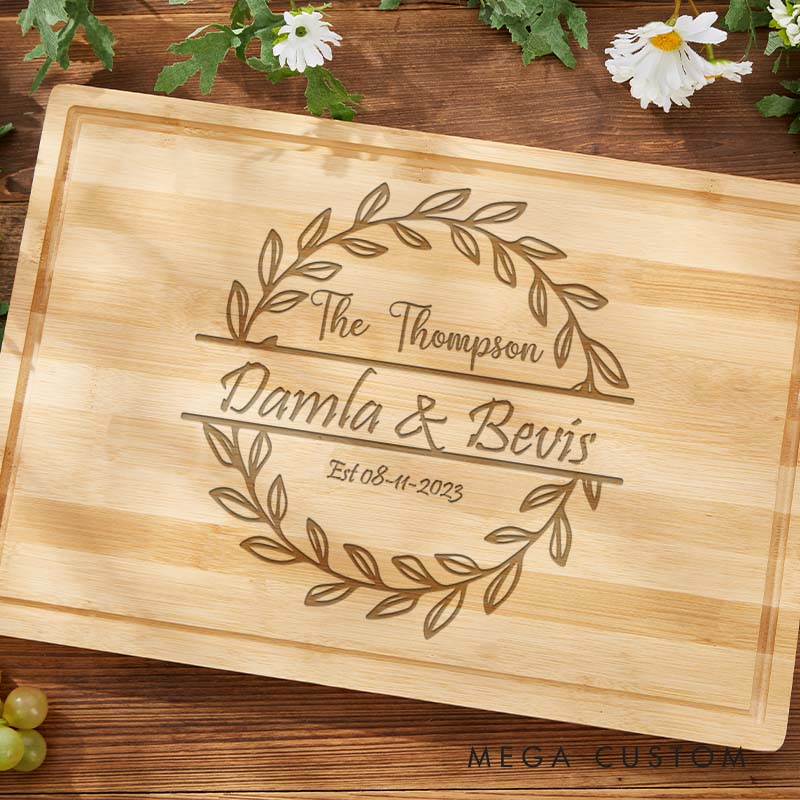 Personalized Bamboo Cutting Board Couple Wooden Anniversary Cutting Board Laurel Wreath Design Cutting Board for Husband Wife