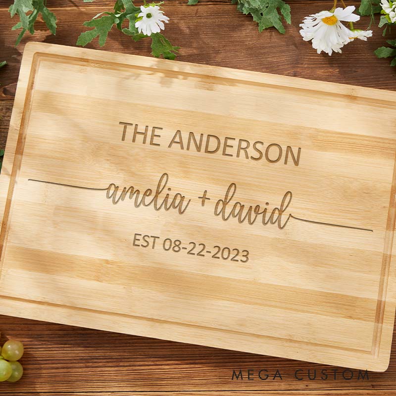 Personalized Newlyweds Anniversary Bamboo Cutting Board Couple Wooden Anniversary Cutting Board Husband Wife Modern Name Design Cutting Board