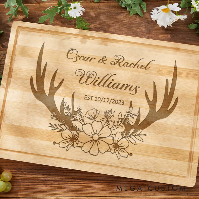 Personalized Couple 5 Years Anniversary Bamboo Cutting Board Husband Wife Wooden Anniversary Cutting Board Rustic Antler Floral Design Cutting Board
